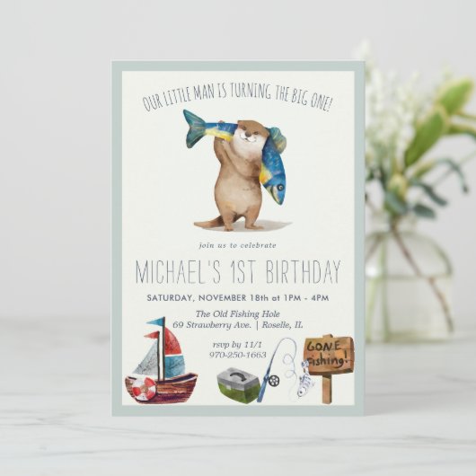 Little Otter Fishing 1. Geburtstag Einladung (Stehend Vorderseite)