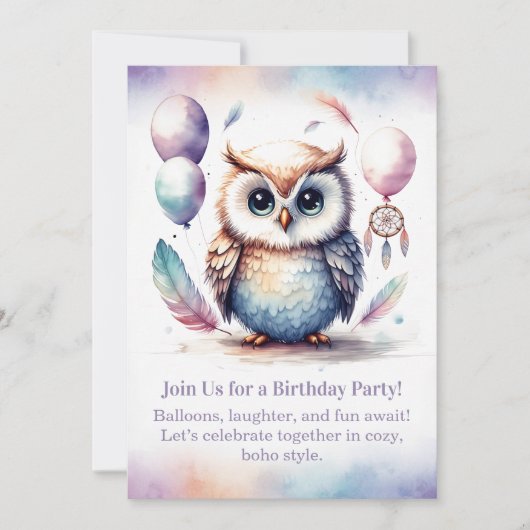 Little Owl Birthday Invitation Woodland Boho Einladung (Vorderseite)