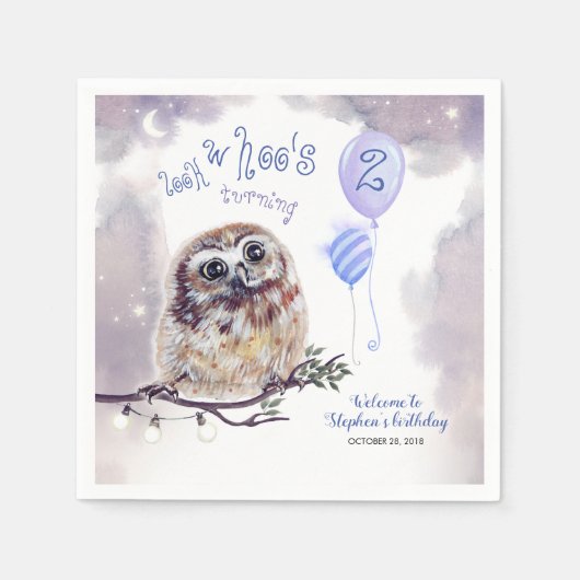 Little Owl Blue Night Birthday Serviette (Vorderseite)