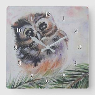 Little Owl Watercolor Painting Wall Clock Quadratische Wanduhr