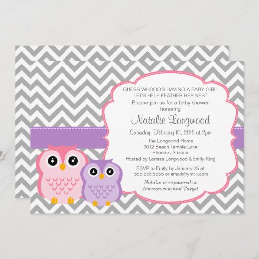 Little Owls Babydusche Einladung, Mädchen Einladung (Vorne/Hinten)