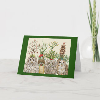 Little Owls with Holiday hats Folded Greeting Card Karte