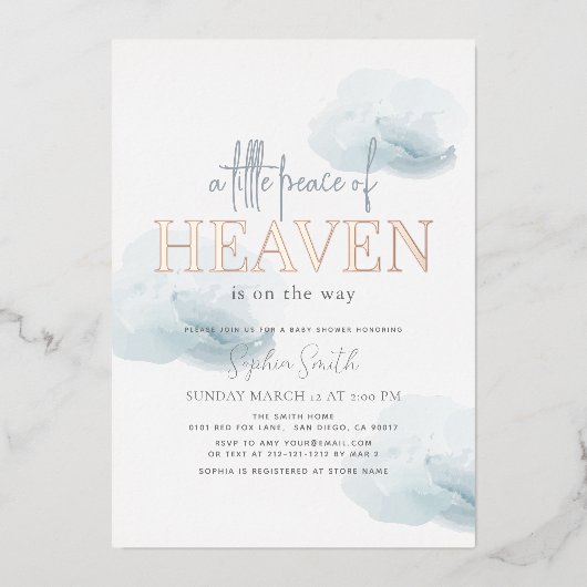 Little Peace of Heaven Blue Cloud Boy Baby Shower Folieneinladung (Vorderseite)