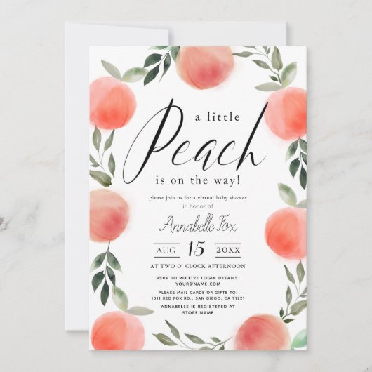 Little Peach Watercolor Virtual Baby Dusche Einladung (Vorderseite)