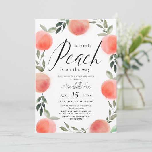 Little Peach Watercolor Virtual Baby Dusche Einladung (Stehend Vorderseite)