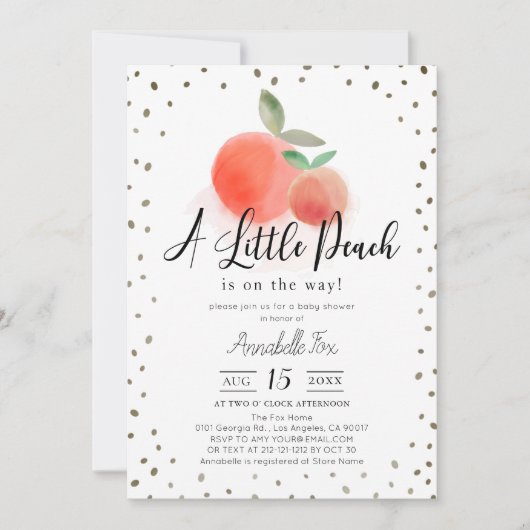 Little Peach Watercolor White Baby Dusche Einladung (Vorderseite)