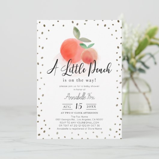 Little Peach Watercolor White Baby Dusche Einladung (Stehend Vorderseite)
