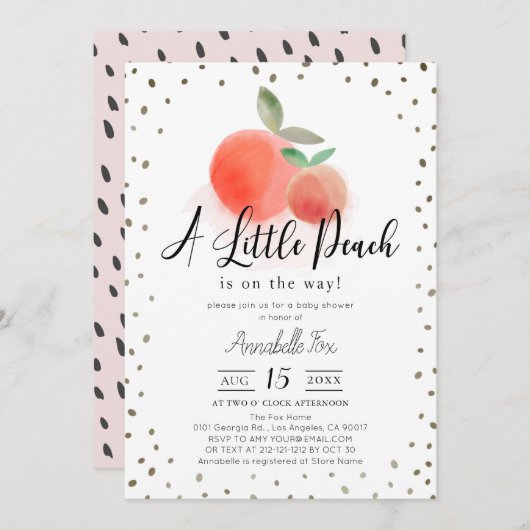 Little Peach Watercolor White Baby Dusche Einladung (Vorne/Hinten)