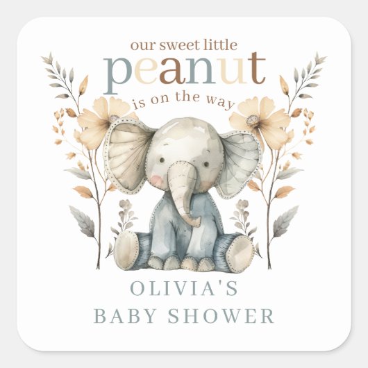 Little Peanut Blue Baby Elephant Baby Dusche Quadratischer Aufkleber (Vorderseite)