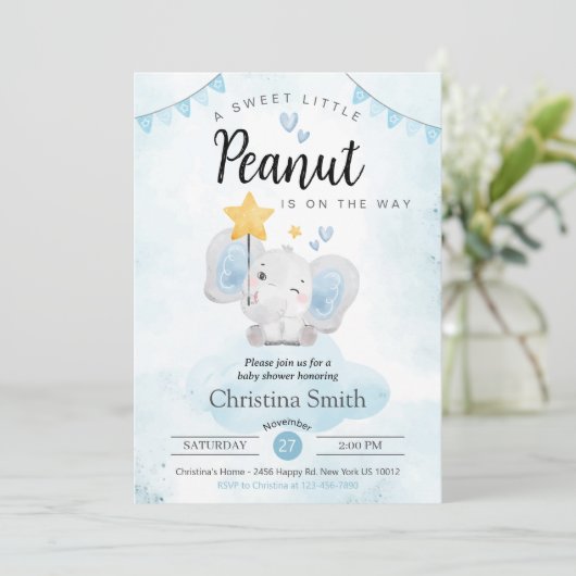 Little Peanut Blue Elephant Baby Boy Dusche Einladung (Stehend Vorderseite)