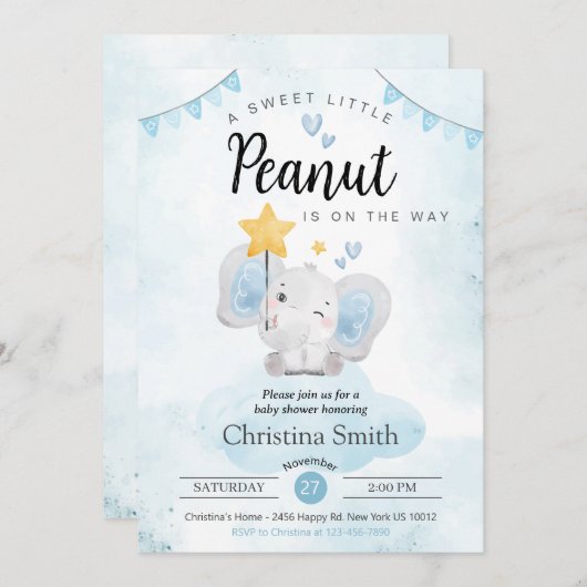 Little Peanut Blue Elephant Baby Boy Dusche Einladung (Vorne/Hinten)