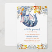 Little Peanut Blue Elephant Floral Baby Shower Einladung (Vorne/Hinten)