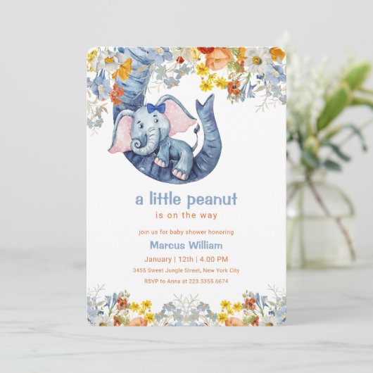 Little Peanut Blue Elephant Floral Baby Shower Einladung (Stehend Vorderseite)