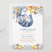 Little Peanut Blue Elephant Floral Baby Shower Einladung (Vorderseite)