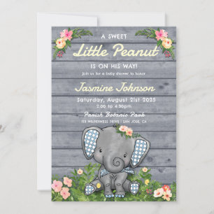 Little Peanut Boy Elephant Floral Rustikales Holz Einladung
