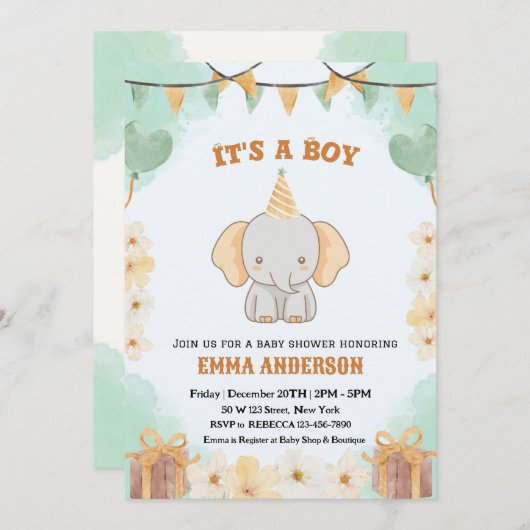 Little Peanut Dreams - Elephant Baby Boy Shower Einladung (Vorne/Hinten)