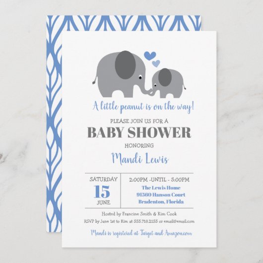 Little Peanut Elephant Blue Boy Baby Dusche Einladung (Vorne/Hinten)