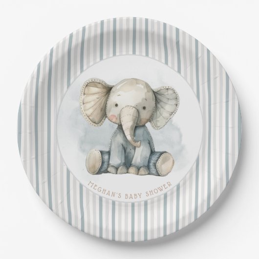 Little Peanut Elephant Blue Striping Baby Dusche Pappteller (Vorderseite)