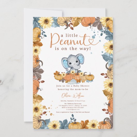 Little Peanut - Fall Elephant Pumpkin Baby Dusche Einladung (Vorderseite)