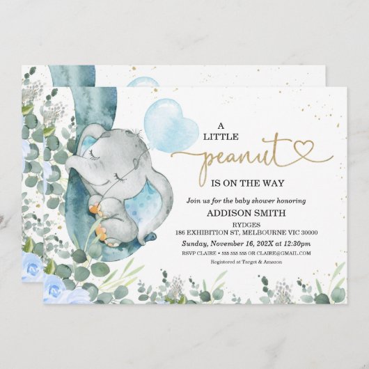 Little Peanut Floral Foliage Elephant Baby Shower Einladung (Vorne/Hinten)