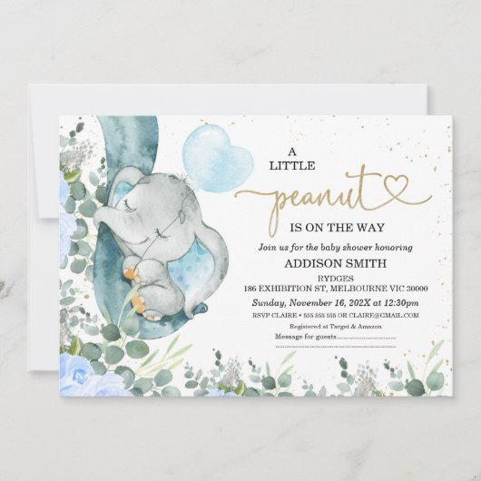Little Peanut Floral Foliage Elephant Baby Shower Einladung (Vorderseite)