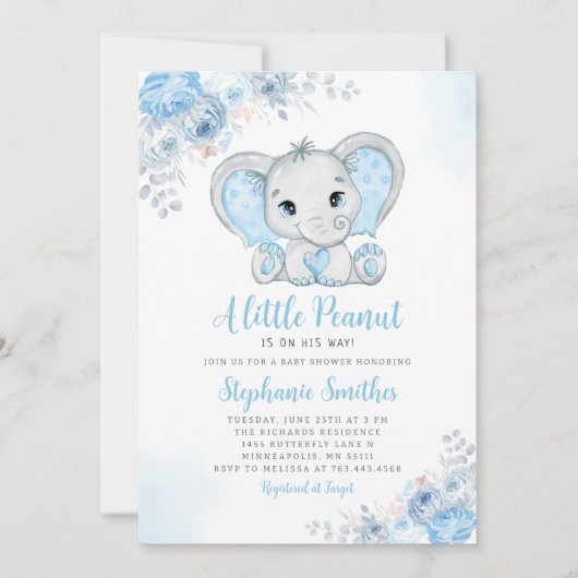 Little Peanut Watercolor Boy Elephant Baby Dusche Einladung (Vorderseite)