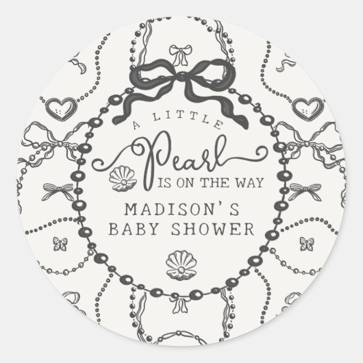 Little Pearl Black Coquette Bow Baby Dusche Gefall Runder Aufkleber (Vorderseite)