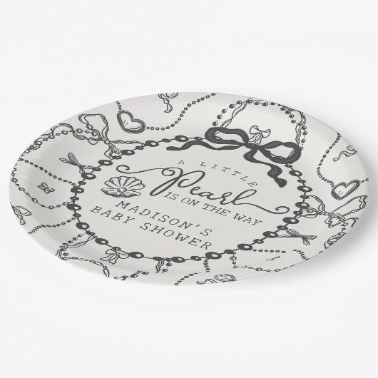 Little Pearl Black Coquette Bow Baby Shower Plate Pappteller (Schrägansicht)