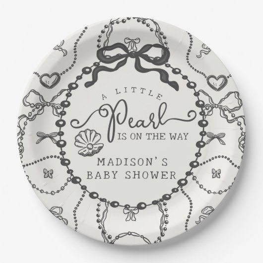 Little Pearl Black Coquette Bow Baby Shower Plate Pappteller (Vorderseite)