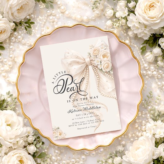 Little Pearl Bow Floral Baby Shower Einladung