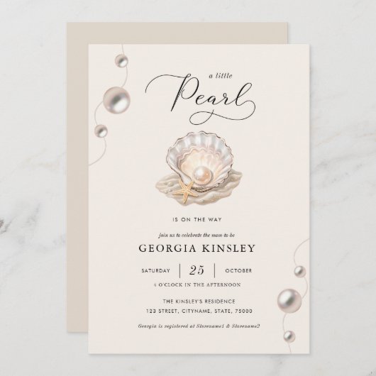 Little Pearl Ocean Beach Seashell Girl Babydusche Einladung (Vorne/Hinten)