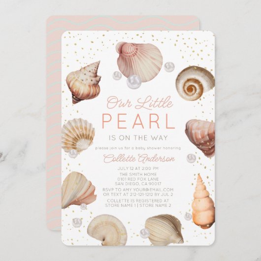 Little Pearl Seashells Pink Girl Baby Dusche Einladung (Vorne/Hinten)