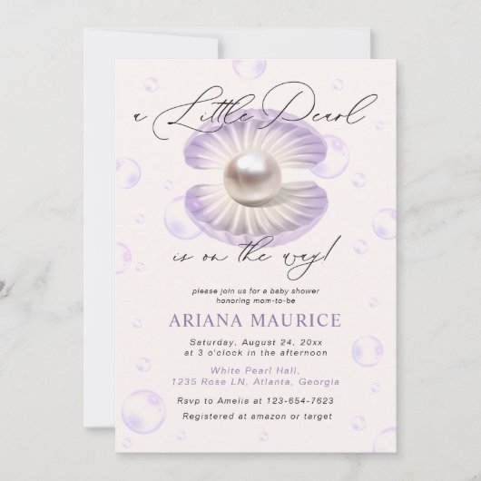 Little Pearl Watercolor Lila Muschel Kinderdusche Einladung (Vorderseite)