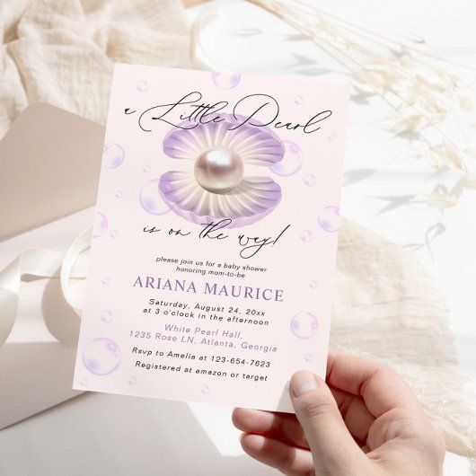 Little Pearl Watercolor Lila Muschel Kinderdusche Einladung