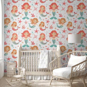Little Pink Aquamarin Mermaid Pattern Baby Kinderz Tapete