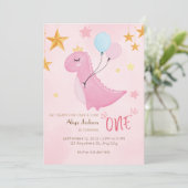 Little Pink Dino erster Geburtstag Einladung (Stehend Vorderseite)