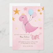 Little Pink Dino erster Geburtstag Einladung (Vorne/Hinten)
