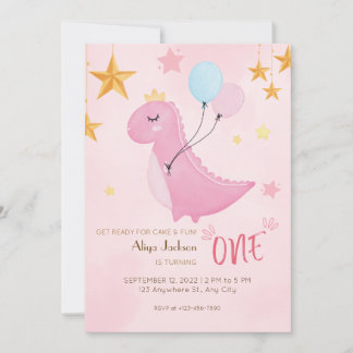 Little Pink Dino erster Geburtstag Einladung