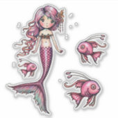 Little Pink Mermaid and Fish Illustration Aufkleber (Vorderseite)