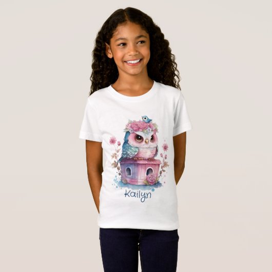 Little Pink Owl Wasserfarbe T-Shirt (Vorne ganz)
