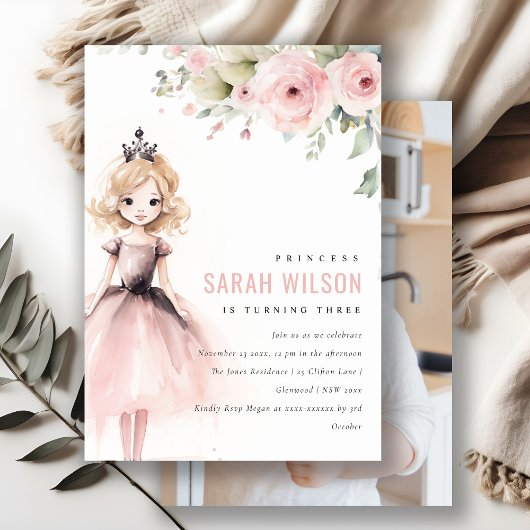 Little Pink Princess Rose Floral Birthday Photo Einladung