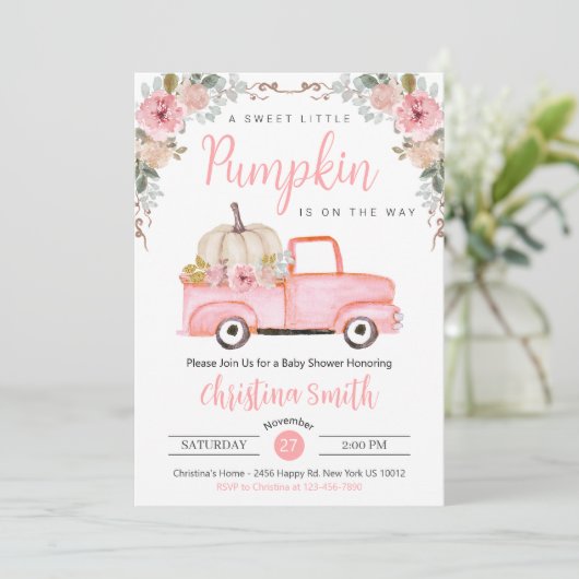 Little Pink Pumpkin Rustic Truck Baby Girl Dusche Einladung (Stehend Vorderseite)