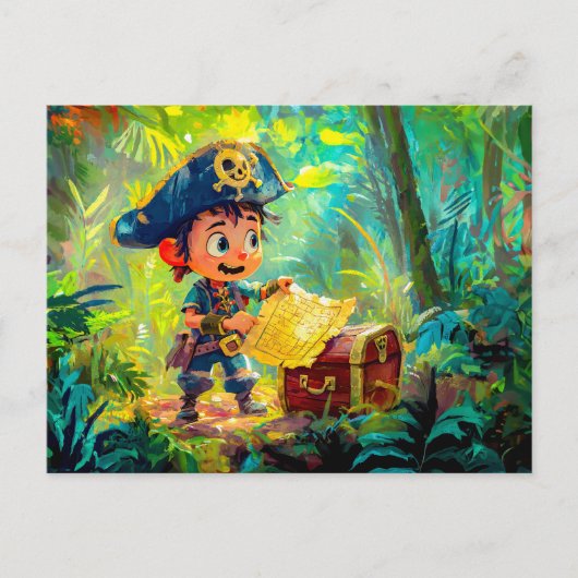 Little Pirate mit Schatzkarte und Brust Postkarte (Vorderseite)