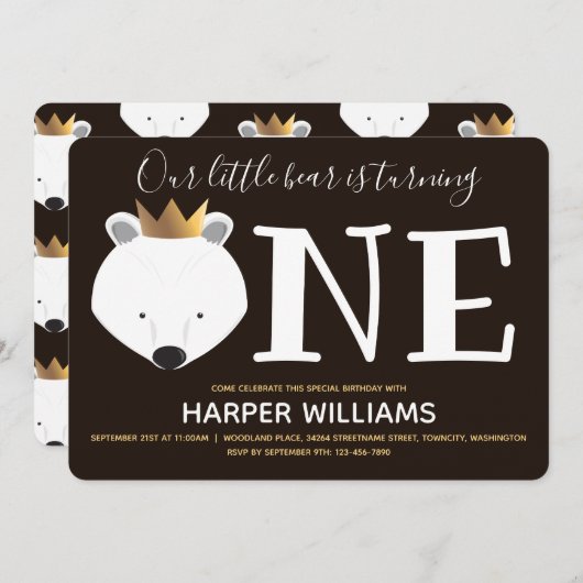 Little Polar Bear Kronen ein Tier ersten Geburtsta Einladung (Vorne/Hinten)