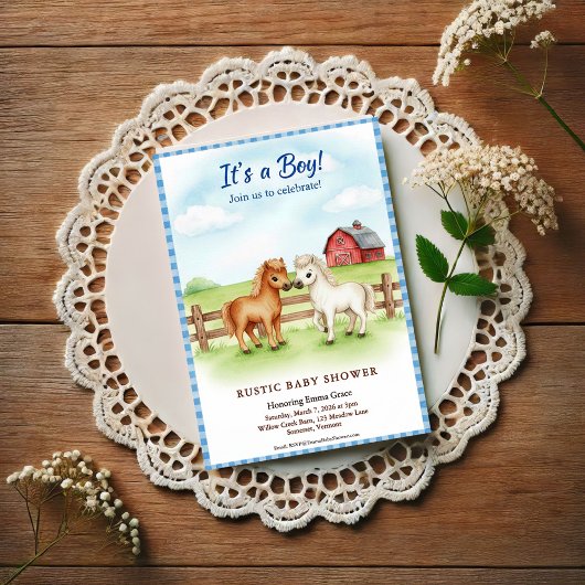 Little Pony Baby Boy Shower Gingham Invitation Postkarte