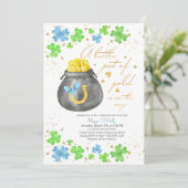 Little Pot of Gold Blue Green Kleeblatt Baby Dusch Einladung (Stehend Vorderseite)