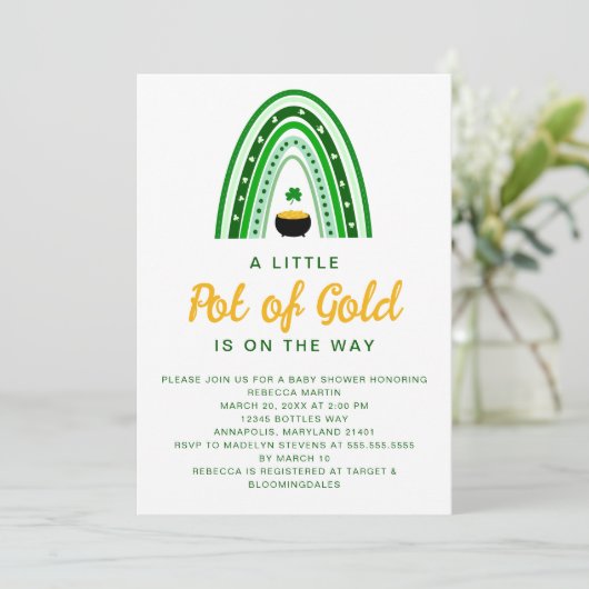 Little Pot of Gold St. Patrick's Day Baby Shower Einladung (Stehend Vorderseite)