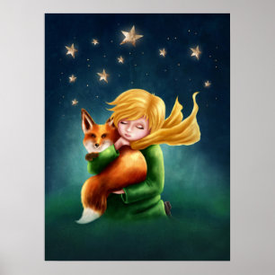Little Prince and Fox. Nursery Art Illustration Poster