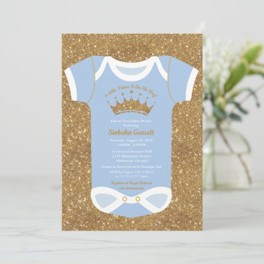 Little Prince Baby Blue & Royal Gold Baby Dusche Einladung (Stehend Vorderseite)
