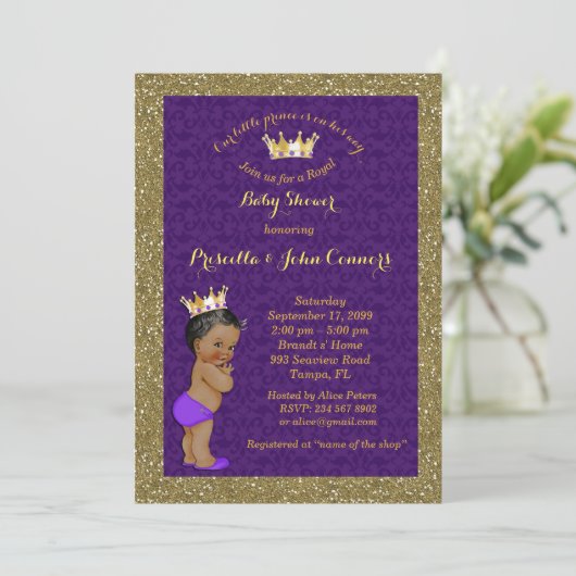 Little Prince Baby Dusche Einladung, Gold, lila Einladung (Stehend Vorderseite)